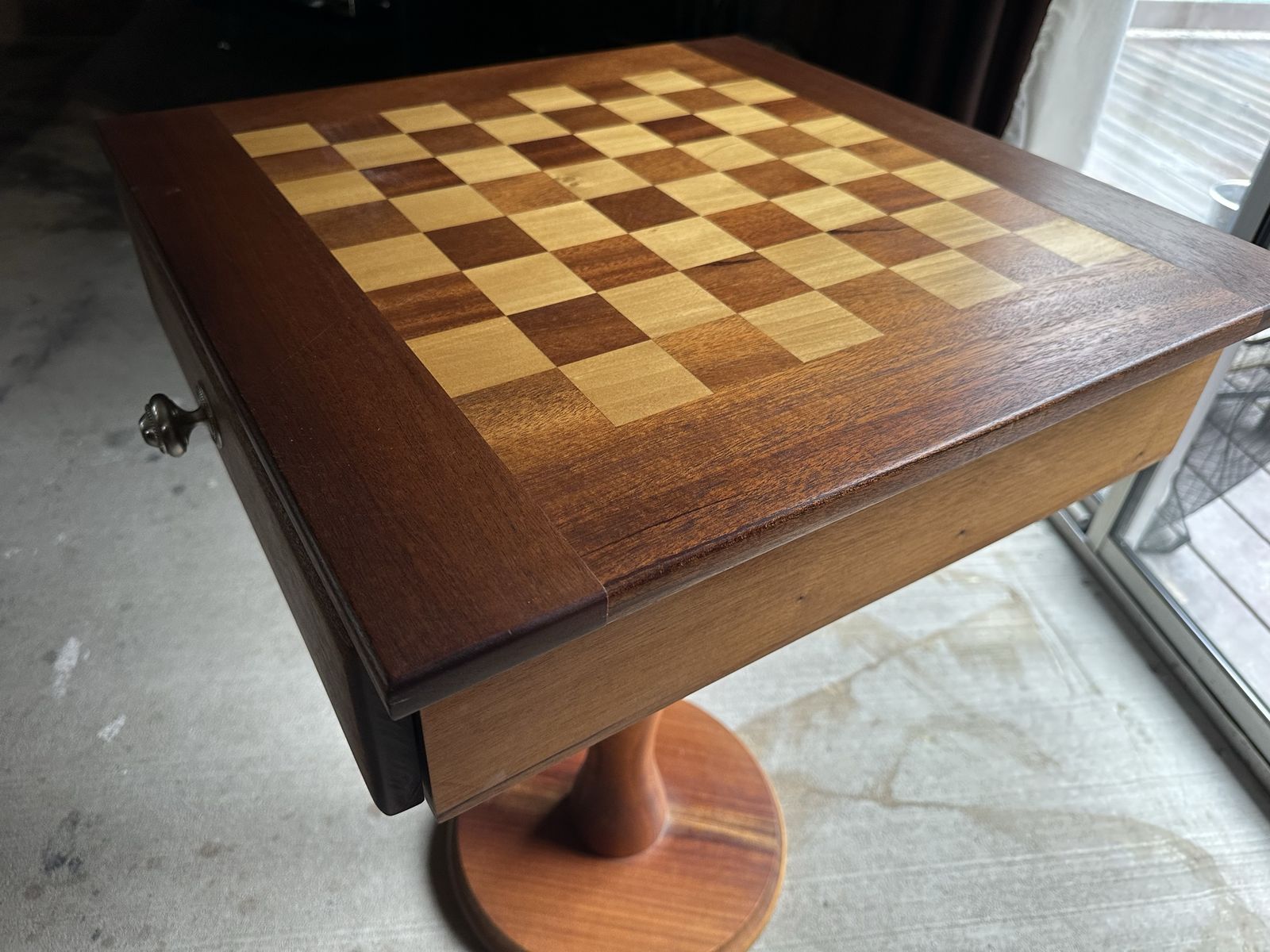 Hand Made Wooden Chess with Storage Drawer - Pedestal Base, Rich Wood Finish