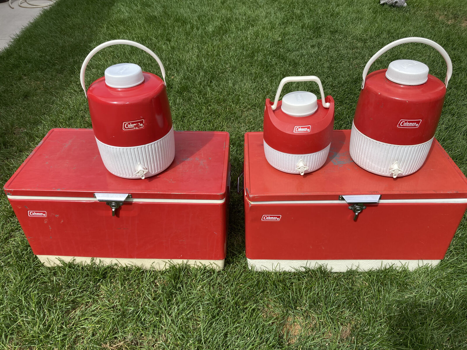 Vintage Coleman Steel Belted 40 Red Metal Camping Cooler 80’s Ice Chest Coolers  and Vintage Coleman Water Jugs