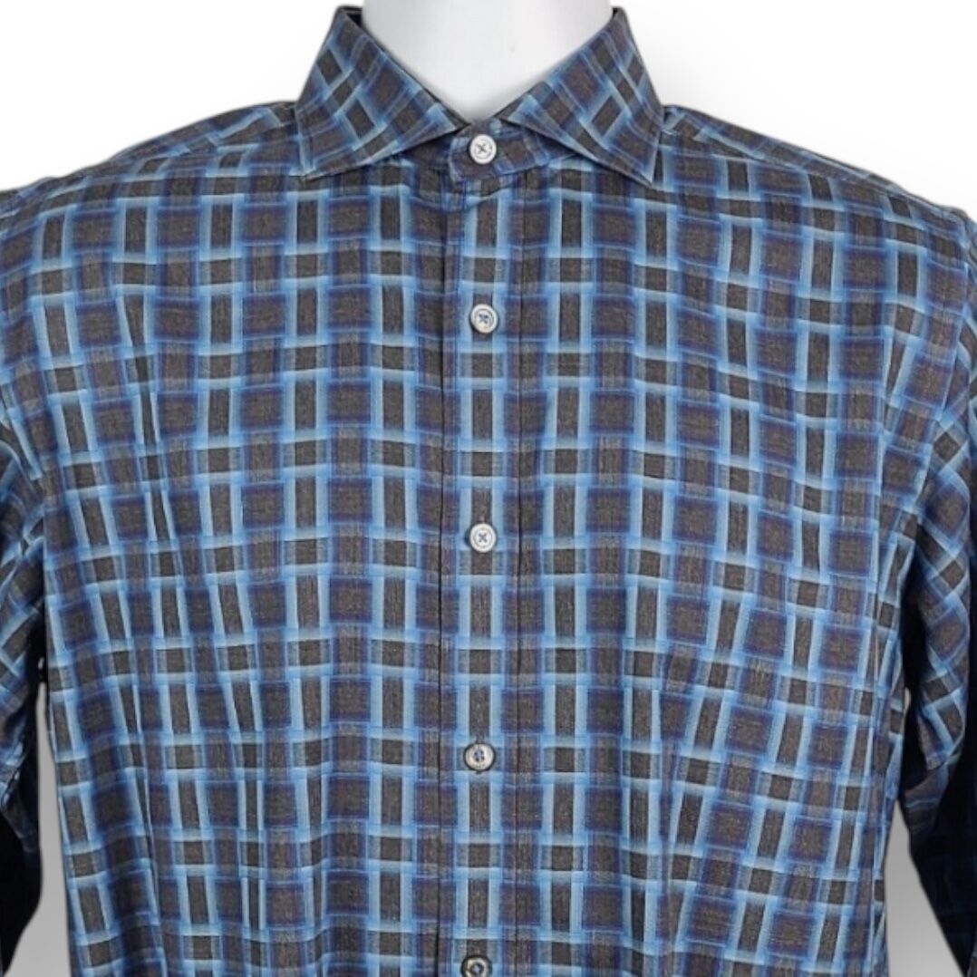 Bugatchi Dark Gray and Blue Button Down Long Sleeve Shirt - Size Large