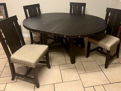 Extendable Round Black Wood Dining Table Set with 4 Upholstered Nailhead Trim Chairs - Rustic Style