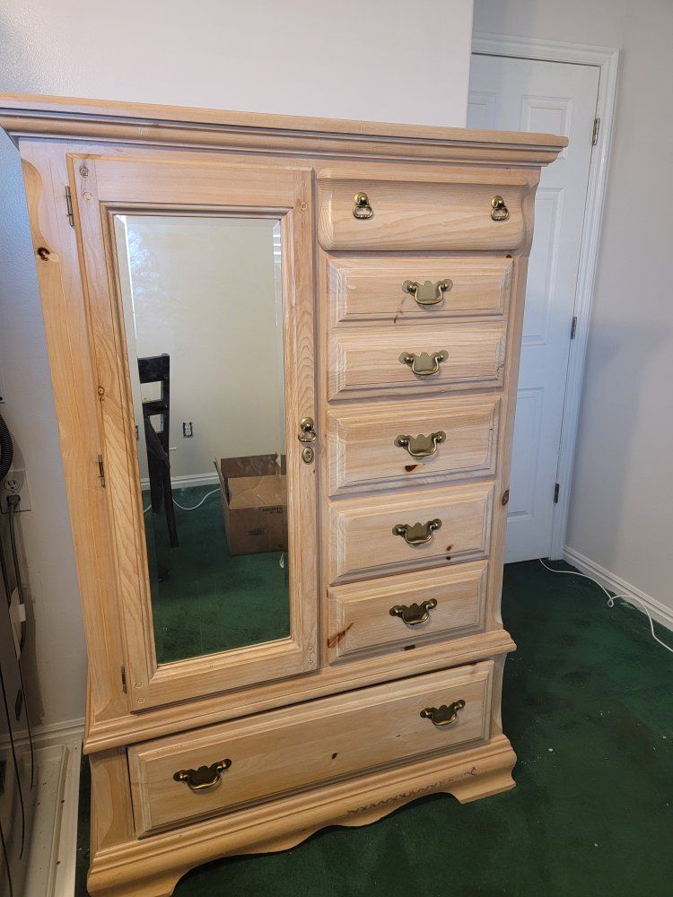 Wooden Dresser, Armoire, and Nightstand Set - Light Wood Finish, Brass Hardware