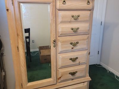 Wooden Dresser, Armoire, and Nightstand Set - Light Wood Finish, Brass Hardware
