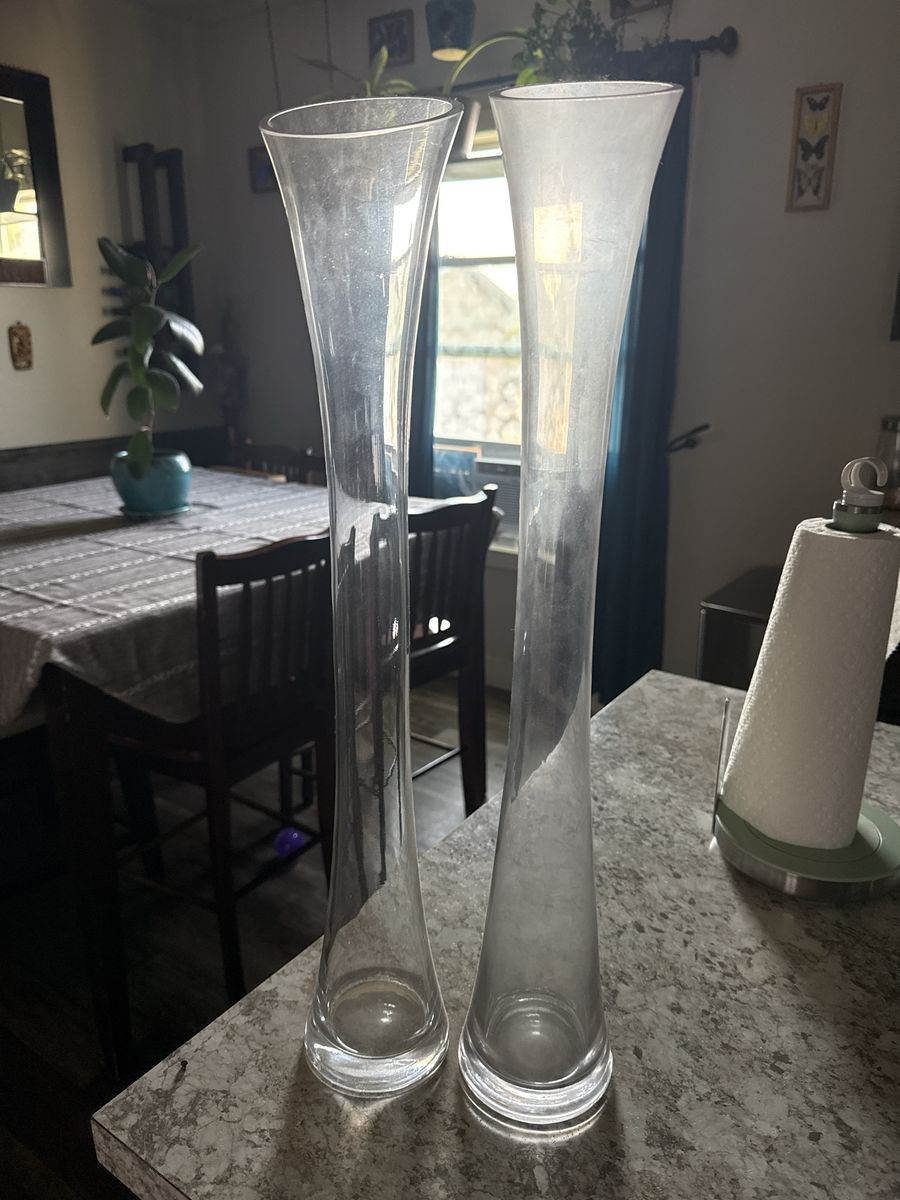 Pair of Tall Clear Glass Trumpet Vases 22”Inches Tall