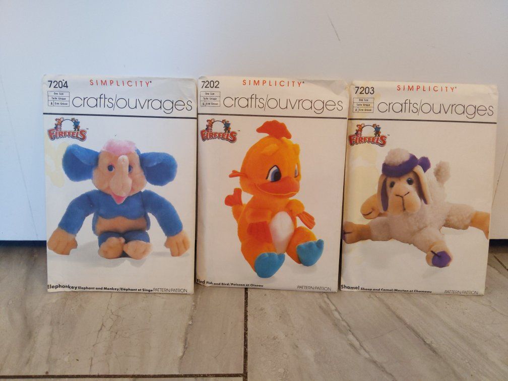 Vintage Simplicity FireFels Craft Pattern Lot: 7202 (Bird/Fish), 7203 (Sheep/Camel), 7204 (Elephant/Monkey)