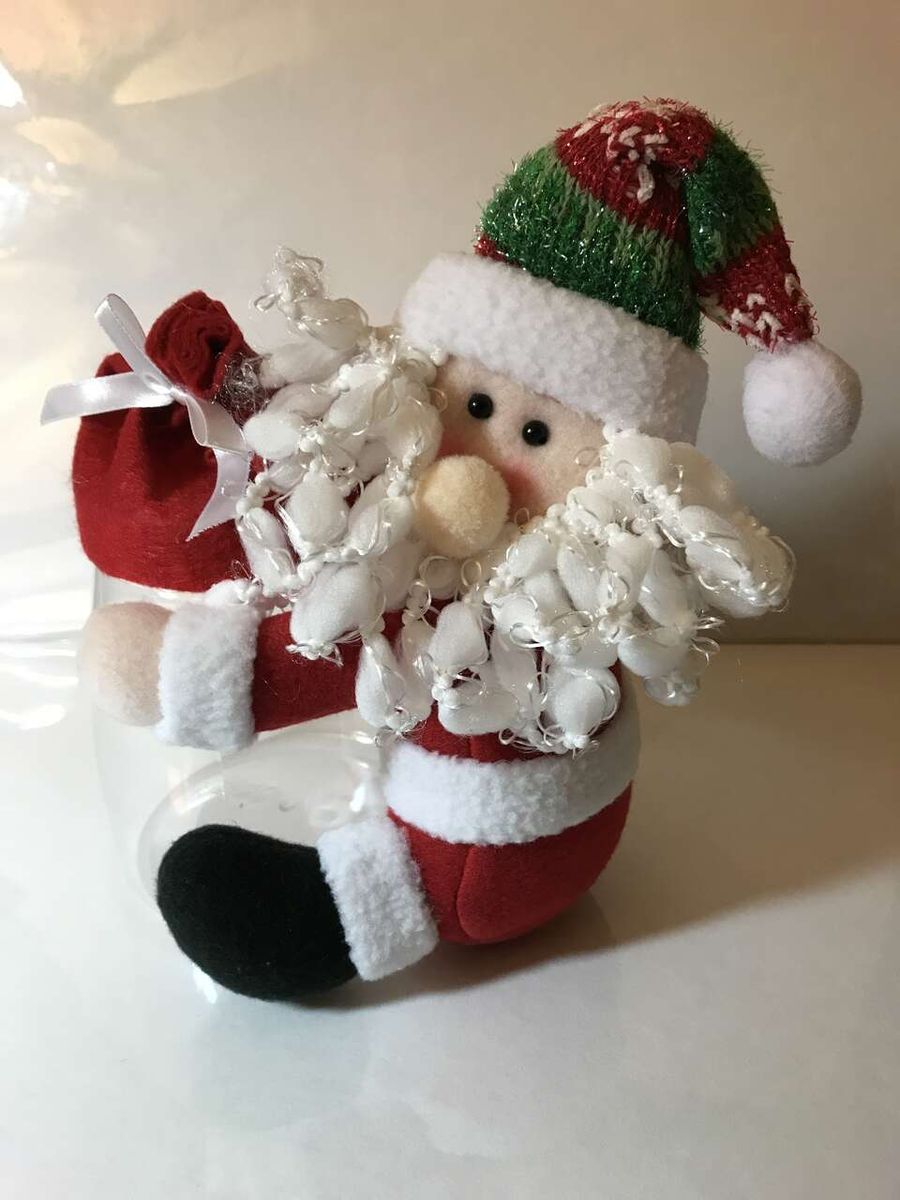 Santa Clause Holding Clear Plastic Jar, Santa made of Felt, Fill jar with candy.