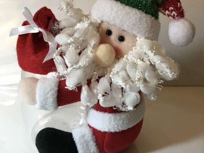 Santa Clause Holding Clear Plastic Jar, Santa made of Felt, Fill jar with candy.