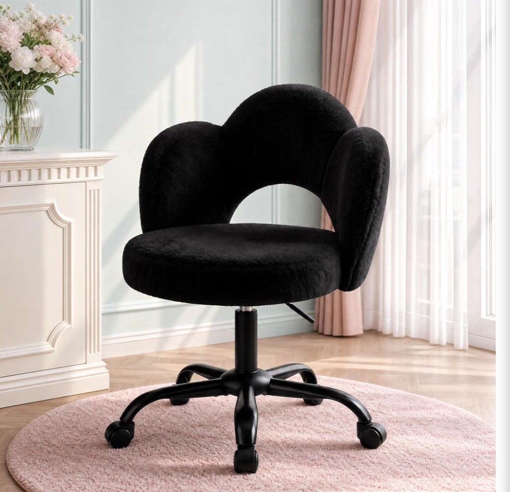 Black Faux Fur Vanity Chair with Wheels, 300 lbs Capacity