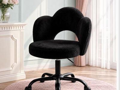 Black Faux Fur Vanity Chair with Wheels, 300 lbs Capacity