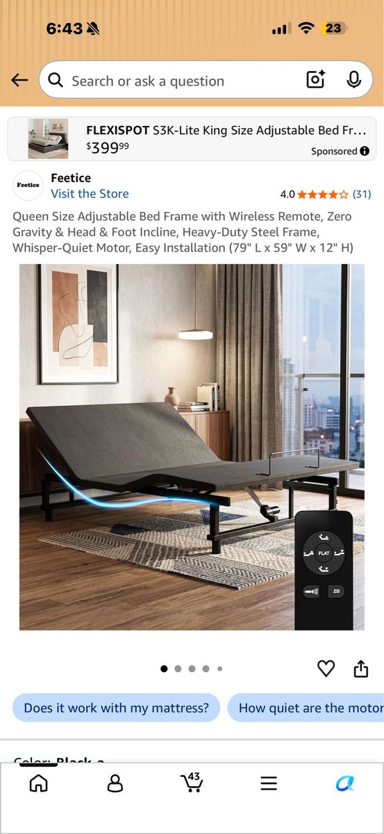 Adjustable Bed Frame with Motorized Base, Remote, Legs, and Power Supply