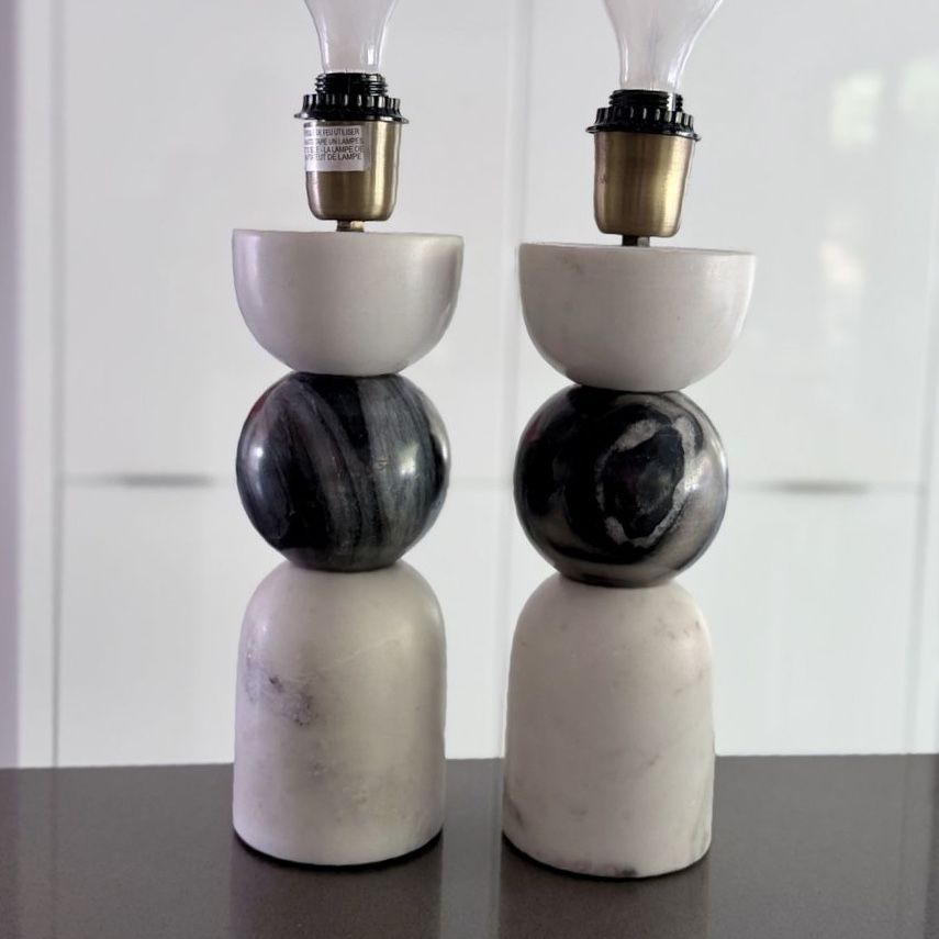 Set of 2 Modern Marble Base Lamps with In-Cord Switch - White & Gray Swirl Design; 4” base, 17” height with bulb