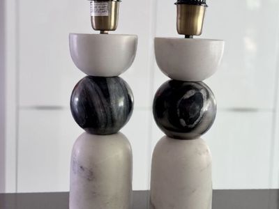 Set of 2 Modern Marble Base Lamps with In-Cord Switch - White & Gray Swirl Design; 4” base, 17” height with bulb