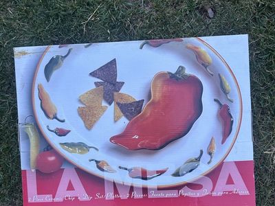 Clay Art 2-Piece Ceramic Chip n' Dip Set Platter - Chili Pepper Design 17.5" x 14"