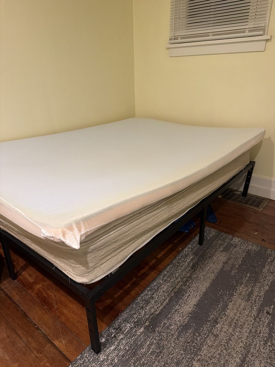 Queen size bed, frame and memory foam pad
