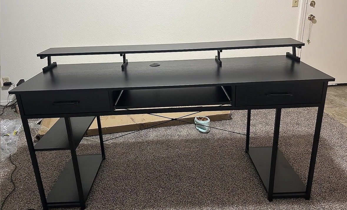 BLACK Work Desk With Drawers And Keyboard Tray