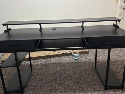 BLACK Work Desk With Drawers And Keyboard Tray