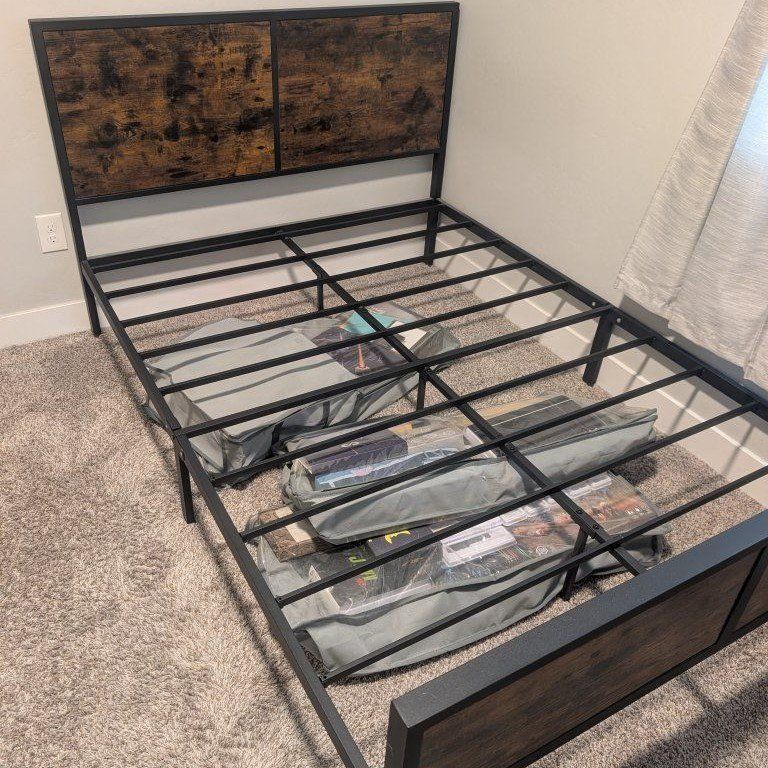Industrial Style Metal and Wood Platform Bed Frame