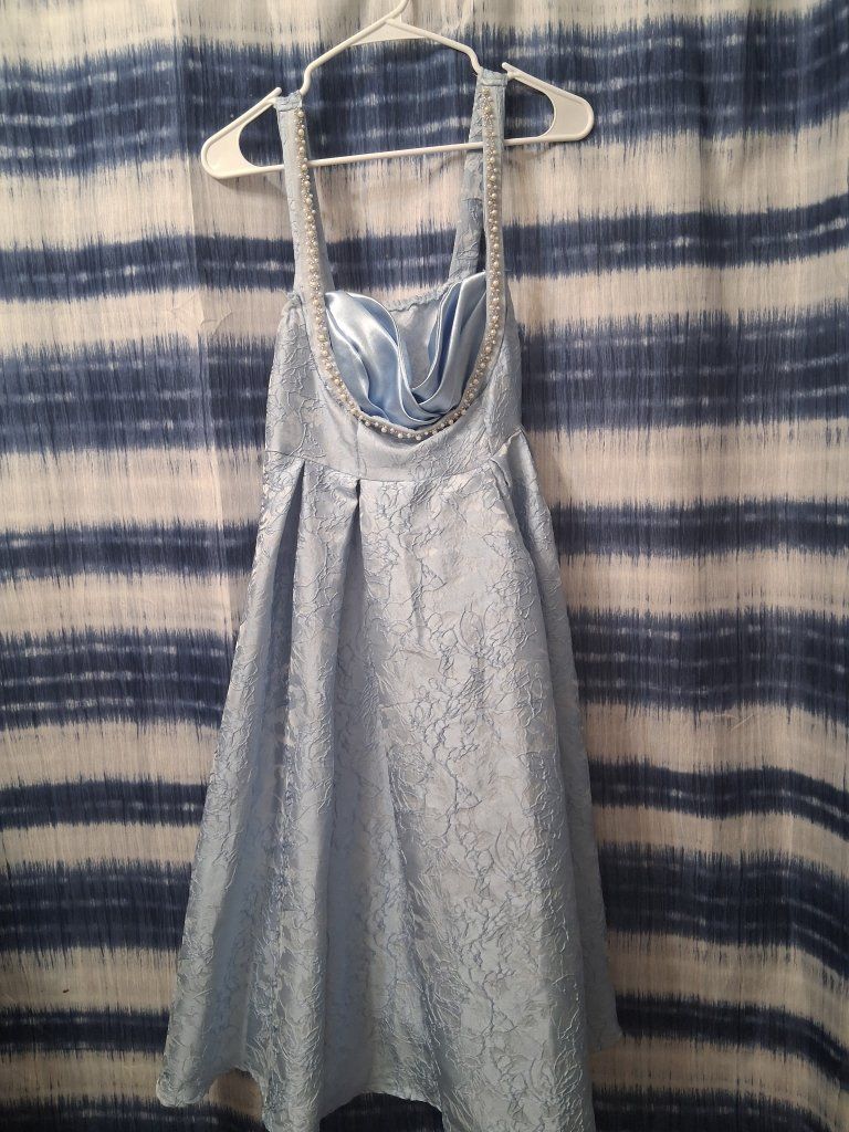 SHEIN Light Blue Jacquard Pearl Beaded Cowl Neck Dress - Size S/4 - 43 Inches Long, 100% Polyester