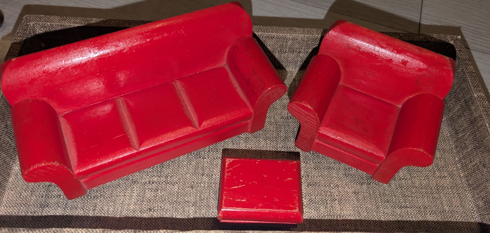 Vintage 1930s Strombecker Dollhouse 3pc Furniture Set Couch Chair Stool