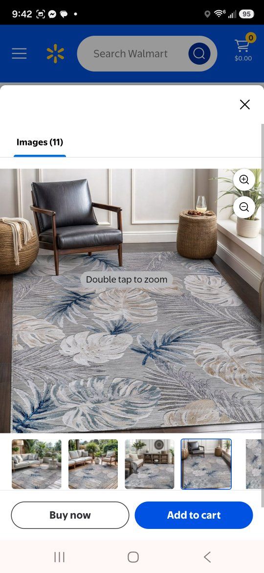 9'x12' Indoor/Outdoor Tropical Leaf Area Rug - Blue/Grey Polypropylene