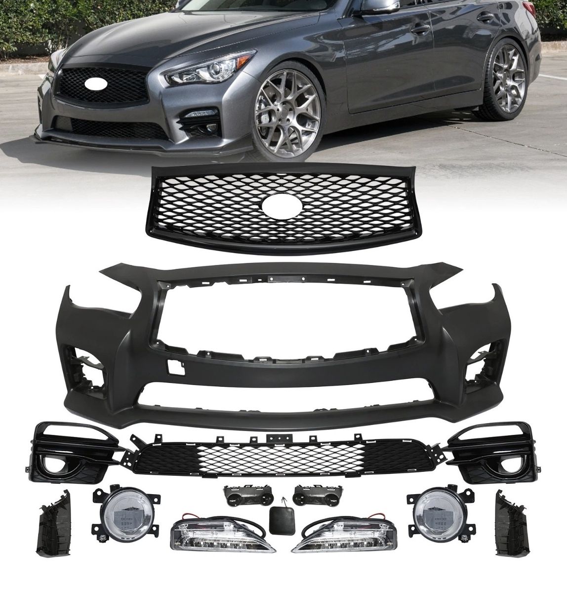 Front Bumper Complete Cover W/Grille Fog For Infiniti Q50 Q50s Sport 2014-2017