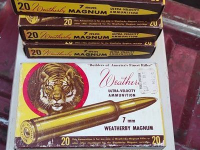 Vintage Weatherby Ultra-Velocity Ammunition Boxes - 7mm Weatherby Magnum Collectible Packaging.