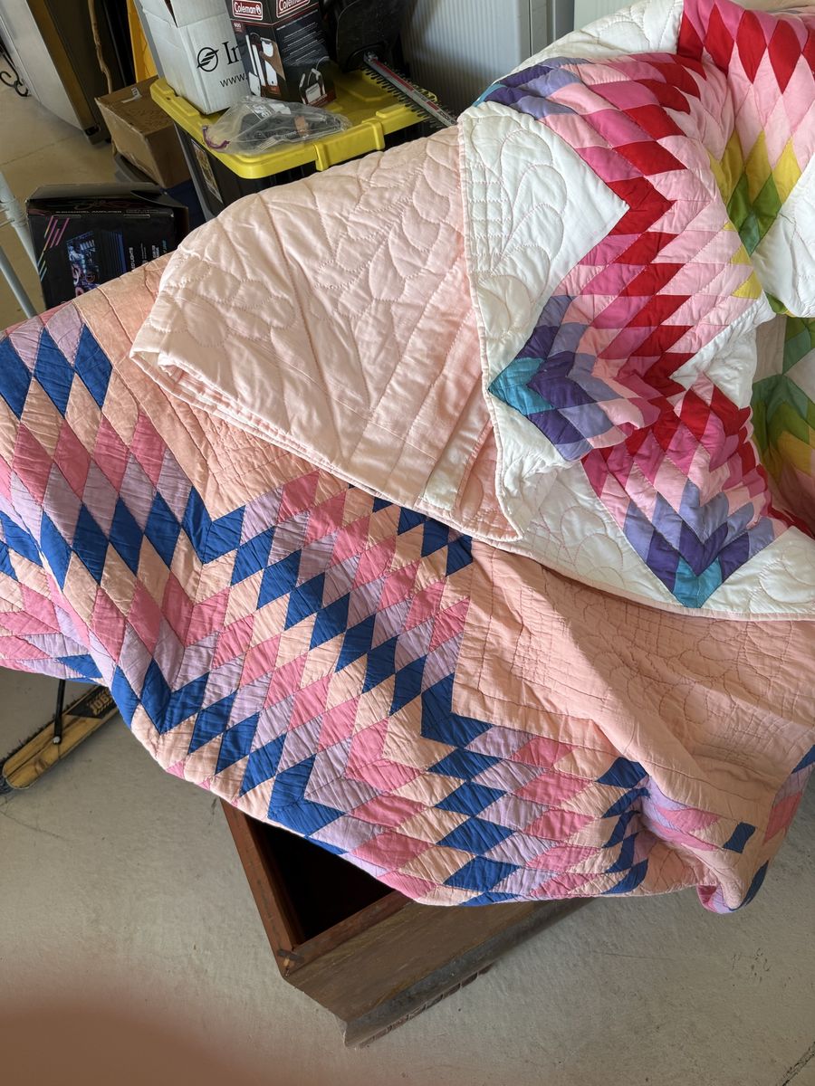 Handmade Colorful Geometric Quilts  - One is Pink, Blue, and White The other is white red and yellow 
