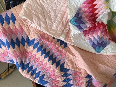 Handmade Colorful Geometric Quilts - One is Pink, Blue, and White The other is white red and yellow