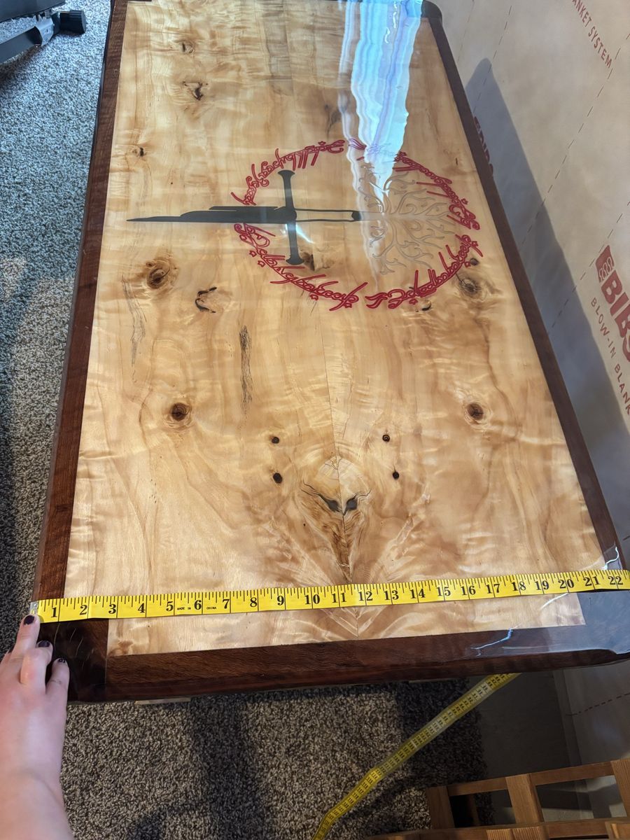 Custom Lord of the Rings Wood Coffee Table - 46" x 22" Live Edge Maple Top, Walnut Trim, Epoxy Finish