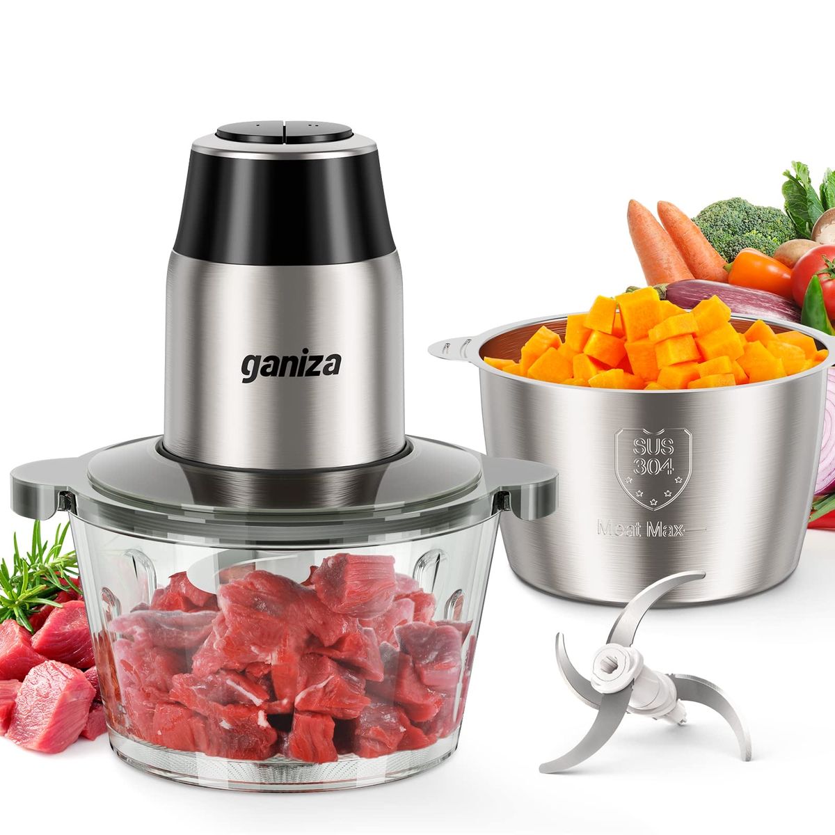 Ganiza Electric Food Processor Meat Grinder 8-Cup, Stainless Steel & Glass Bowls, Dual Blades