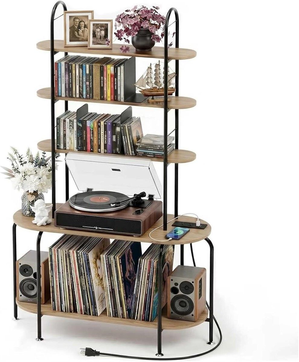 Record Player Stand with Storage, 5-Tier Turntable Stand with Charging Station, CD Storage with Adjustable Book Stoppers,