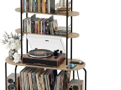 Record Player Stand with Storage, 5-Tier Turntable Stand with Charging Station, CD Storage with Adjustable Book Stoppers,