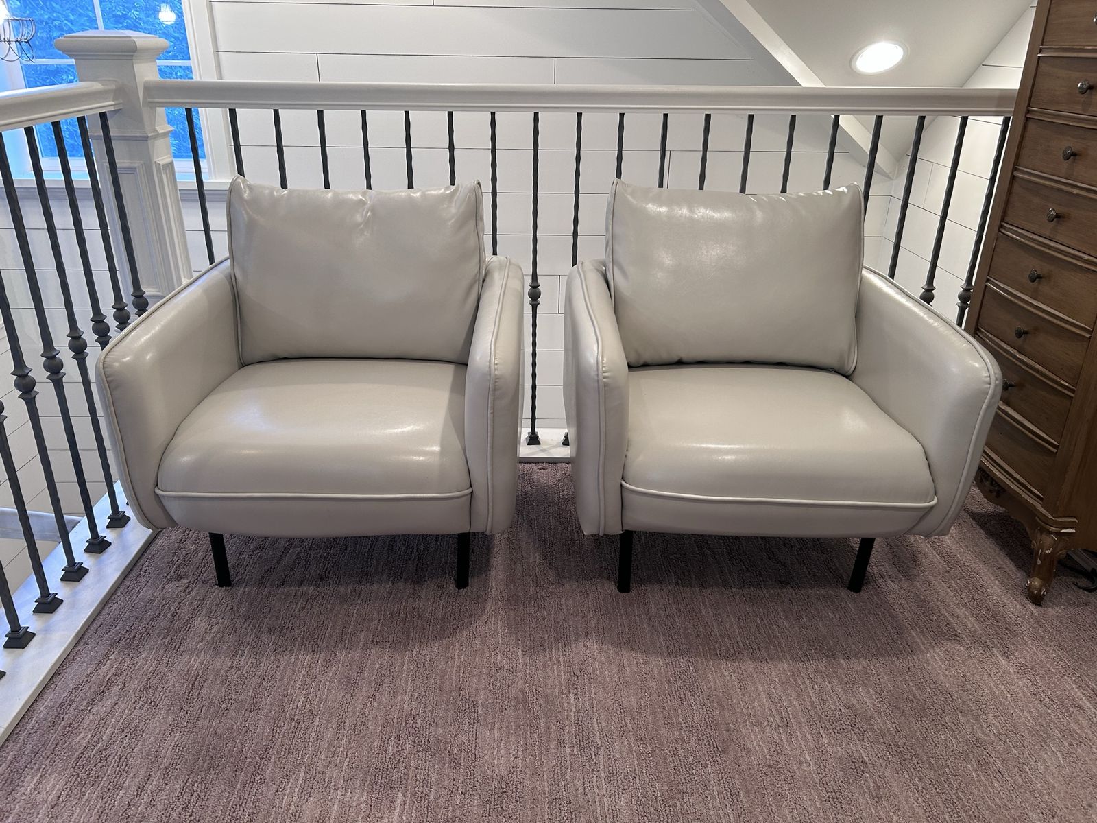 Pair of Light Gray Modern Leather Armchairs with Black Metal Legs
