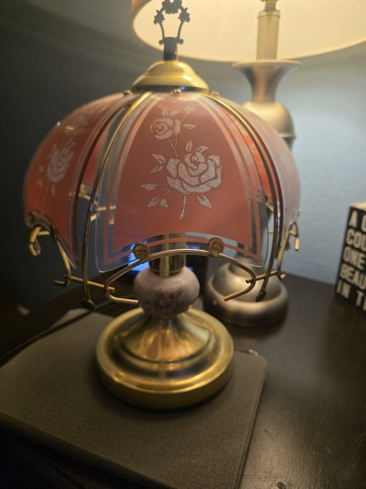 Vintage Brass & Frosted Glass Rose Accent Lamp, Boudoir Style