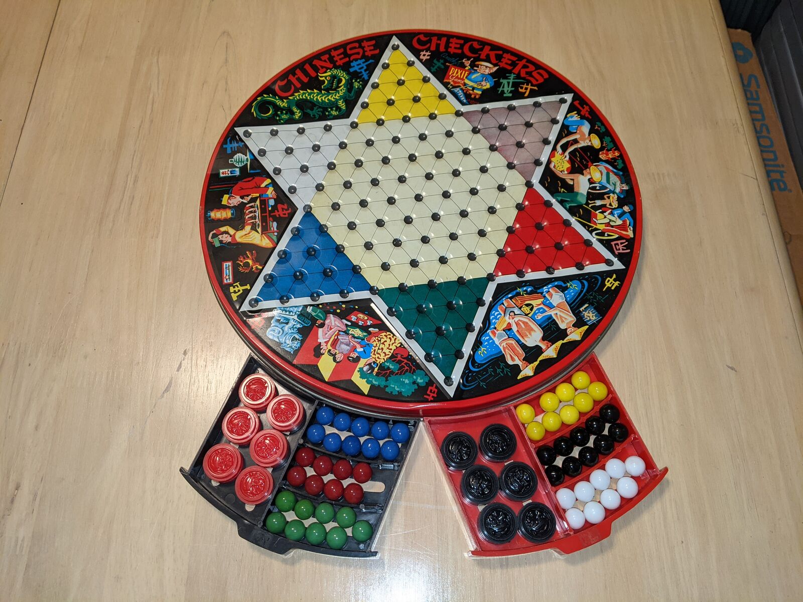 Vintage Chinese Checkers Game Tin Metal Glass Marbles Plastic Checkers