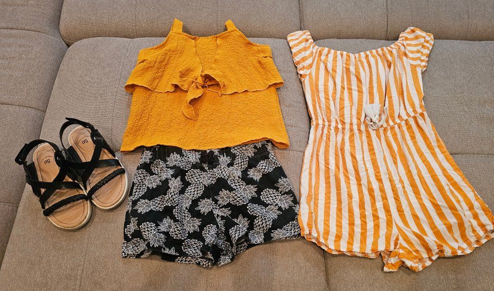 Girls Summer Clothing Bundle Carter's Kid Romper Top Shorts SO Sandals Size 7 13 Medium