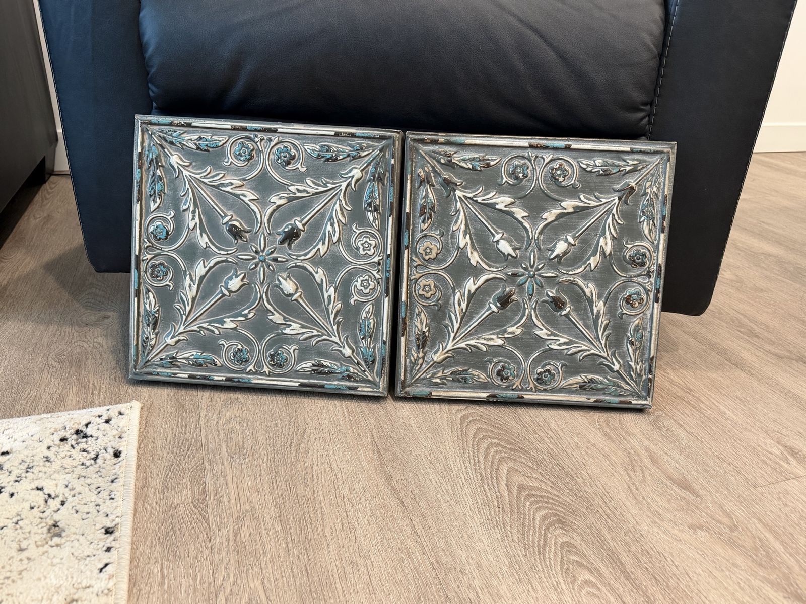 Distressed White & Blue Square Metal Wall Art Decor Set - 2 Pcs, Rustic Farmhouse Tile Style