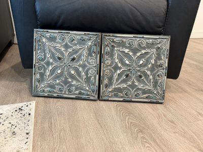 Distressed White & Blue Square Metal Wall Art Decor Set - 2 Pcs, Rustic Farmhouse Tile Style