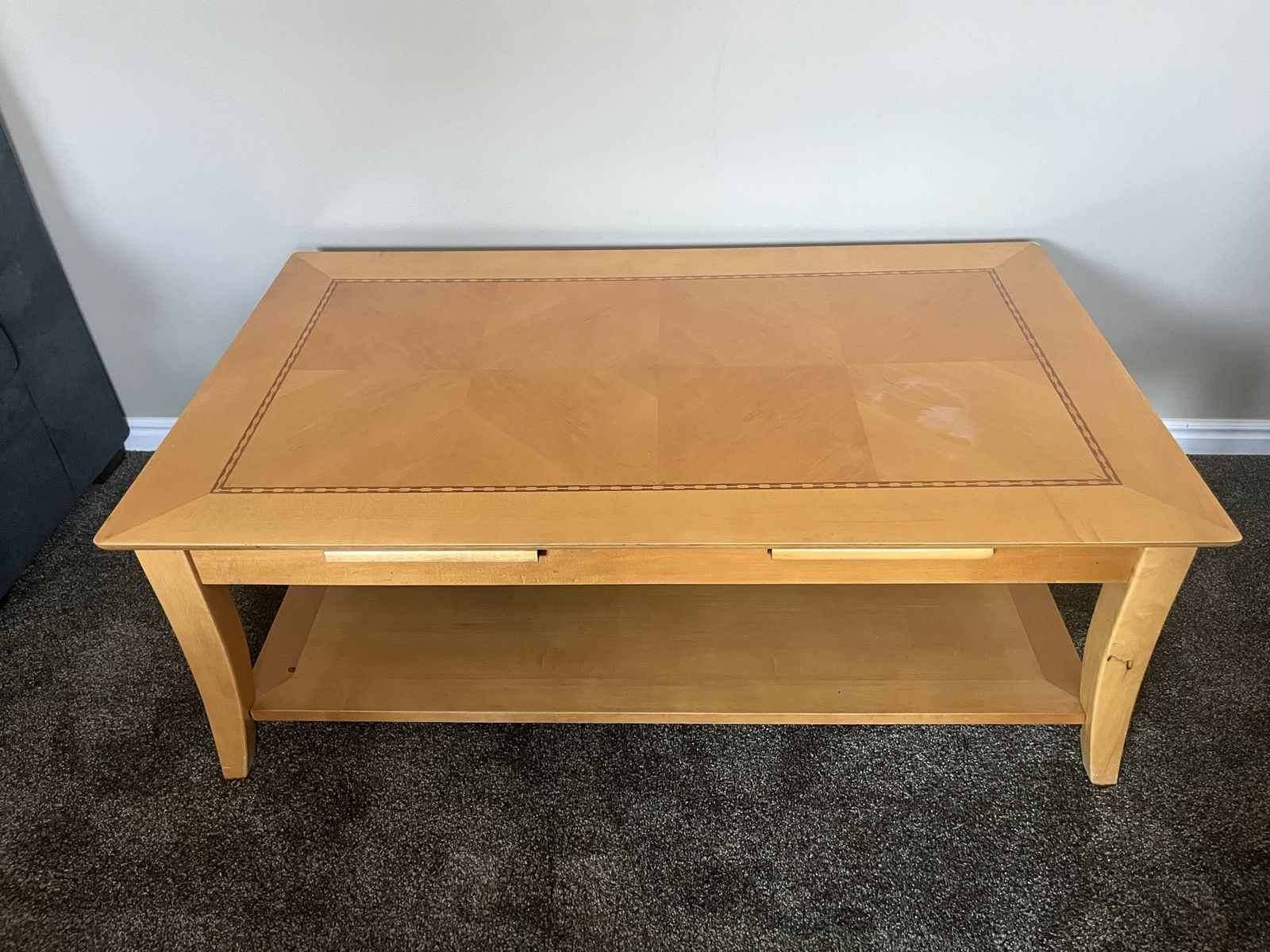 Wooden Coffee Table with Storage and Shelf - Light Wood Finish