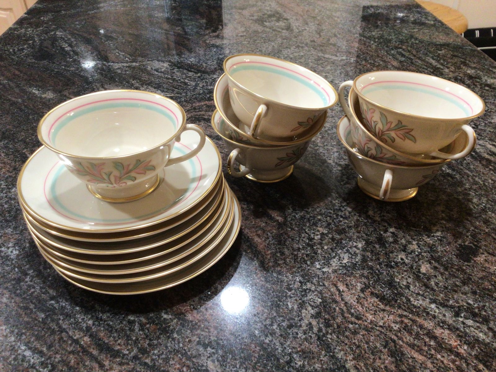 FRANCISCAN Rossmore 6 cups/saucers  vntg turq pink leaves bands GOLD trim retro cottagecore