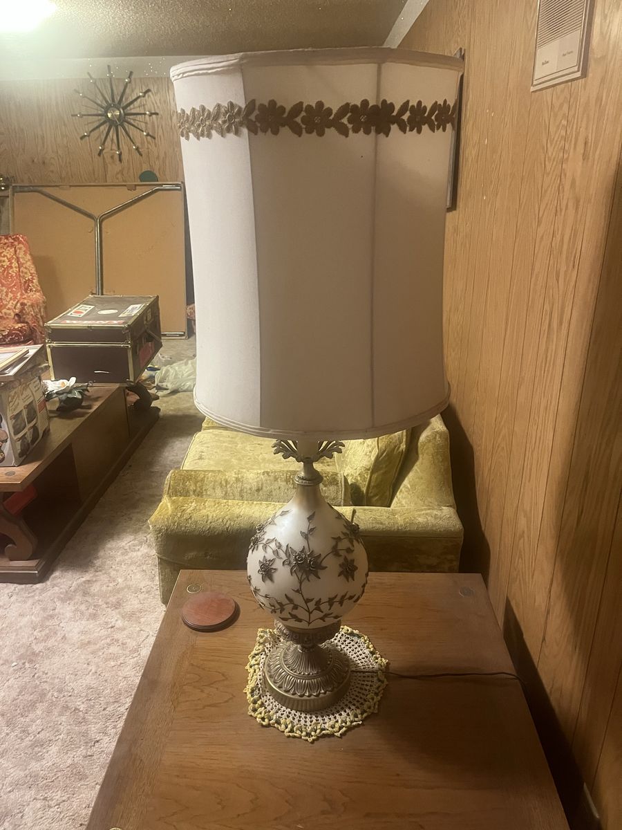 Vintage Mid-Century Table Lamp with Floral Embossed Base and Tall Shade