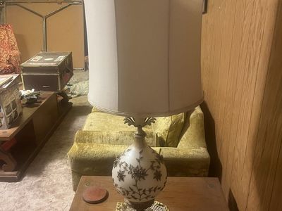 Vintage Mid-Century Table Lamp with Floral Embossed Base and Tall Shade