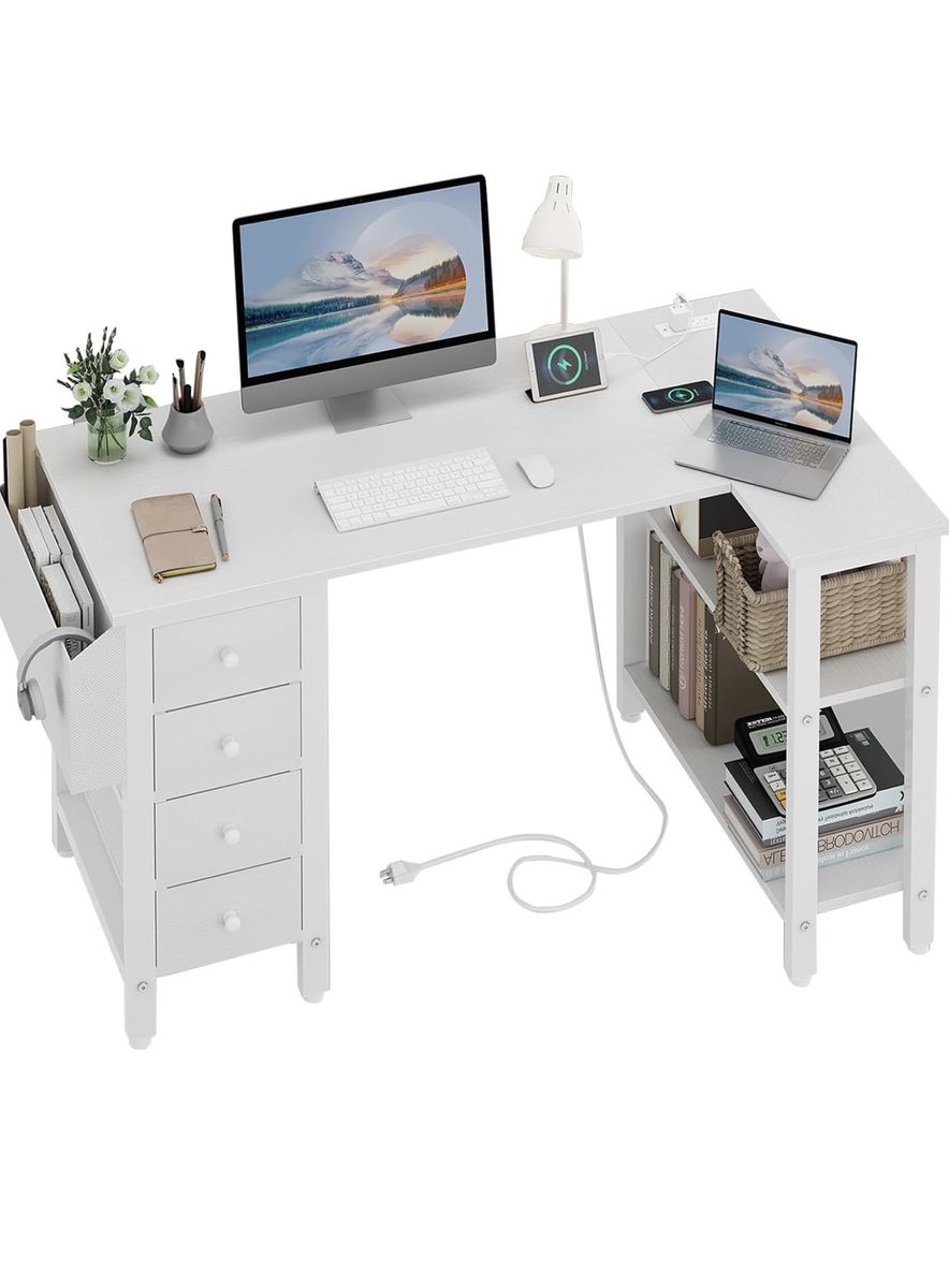 White L-Shaped Computer Desk with 4 Fabric Drawers & Shelves