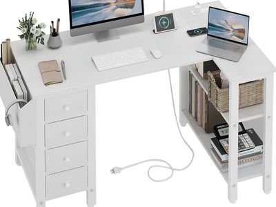 White L-Shaped Computer Desk with 4 Fabric Drawers & Shelves
