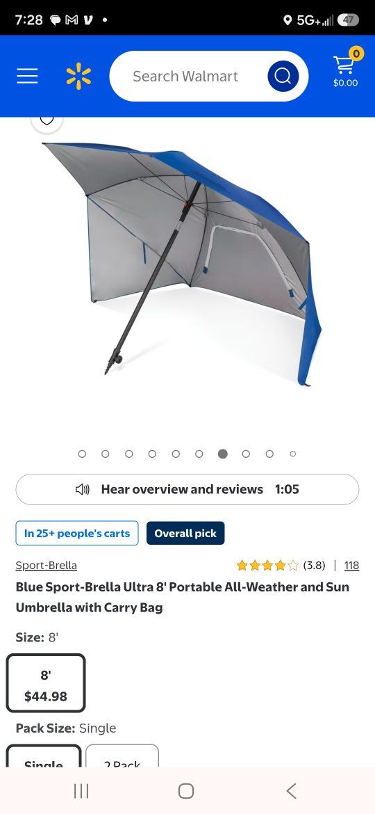 Sport-Brella Ultra 8' Portable All-Weather & Sun Umbrella with Carry Bag - Blue