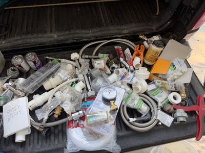 Assorted Plumbing Supplies Lot - Hoses, Brass Valves, PVC Fittings, Pressure Gauge,numerous pex fittings. Cash only