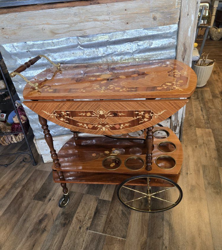 Vintage Italian wood Marquetry Tea Cart with Drop Leaf Top and Bottle Rings