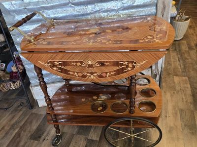 Vintage Italian wood Marquetry Tea Cart with Drop Leaf Top and Bottle Rings