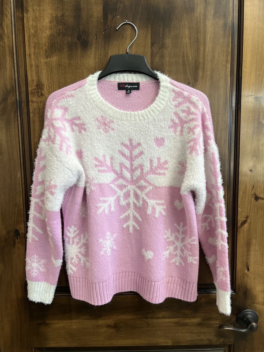 33 Degrees Pink & White Snowflake Sweater - Women's Size M - Fuzzy Acrylic Blend, Excellent Condition