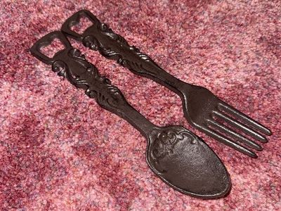 Decorative Cast Iron Fork & Spoon Bottle Opener Wall Decor - Rustic Kitchen Art Set