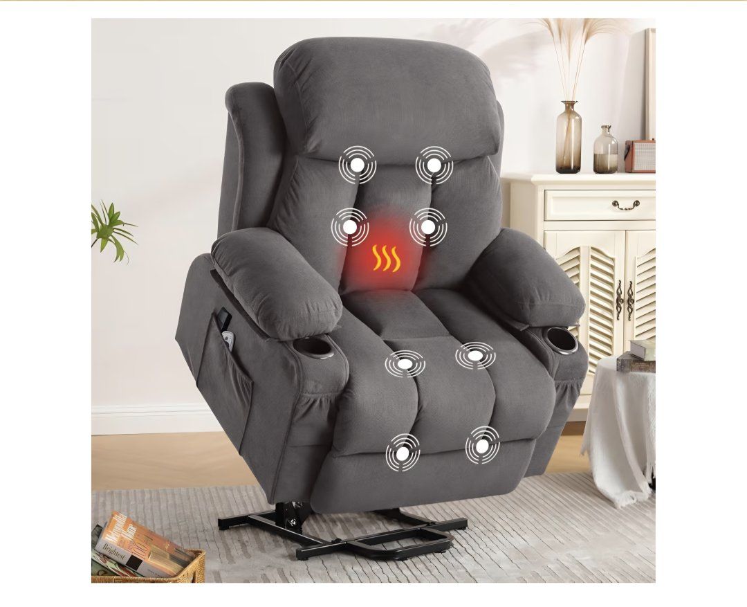 New Power Lift Recliner Chair with Massage and Heat - Grey Fabric